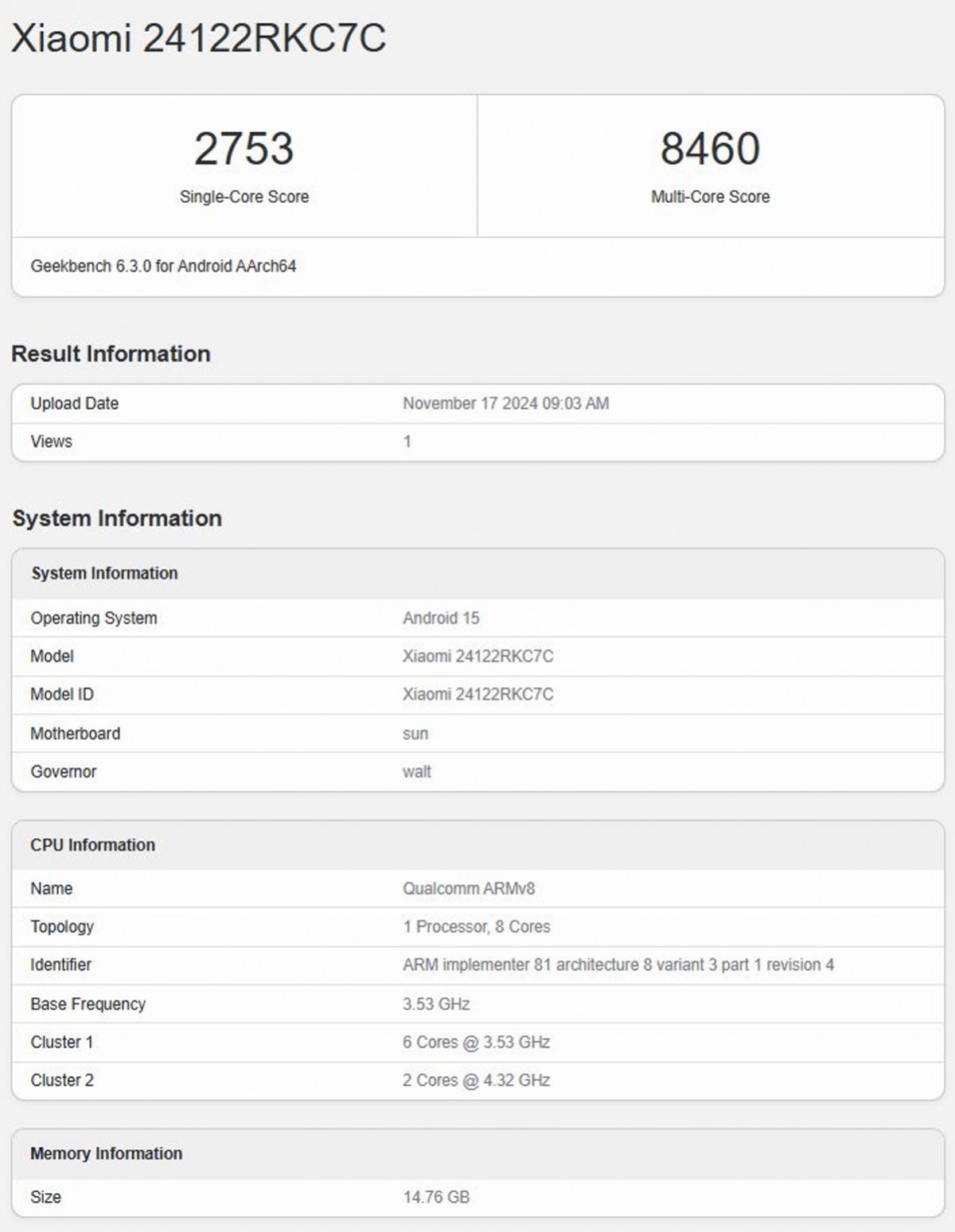 ردمی K80 پرو با اندروید ۱۵ و ۱۶ گیگابایت رم در Geekbench مشاهده شده است