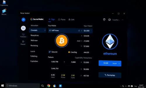 A modern digital wallet interface on a Windows desktop, showing secure cryptocurrency transactions, sleek dark-themed UI with glowing icons for Bitcoin and Ethereum, subtle Windows taskbar and start menu visible in background, high detail, professional tech aesthetic