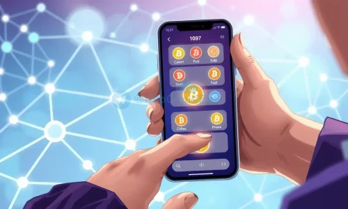 A modern, high‑resolution illustration of a person using a smartphone to purchase cryptocurrency. The scene shows a sleek digital wallet interface on the phone screen with glowing icons of popular crypto coins, a stylized blockchain network in the background, and subtle futuristic elements like holographic data streams. The atmosphere is bright and optimistic, emphasizing the ease and security of buying digital assets.
